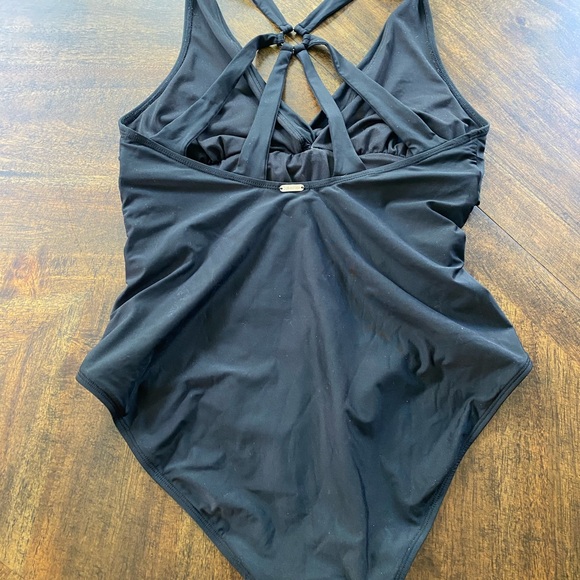 Calvin Klein Black ruched One Piece Swimsuit with V-Neck Halter - Picture 2 of 5